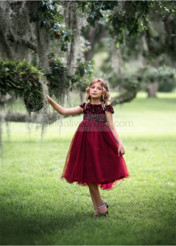Cap Sleeves Ruby Red Sequin Tulle Curly Hem Flower Girl Dress